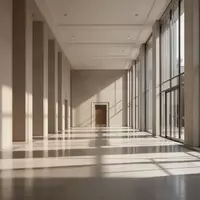 Ein minimalistischer, menschenleerer Flur in einem modernen Regierungsgebäude mit architektonischen Licht- und Schattenwürfen. - Foto: über boerse-global.de