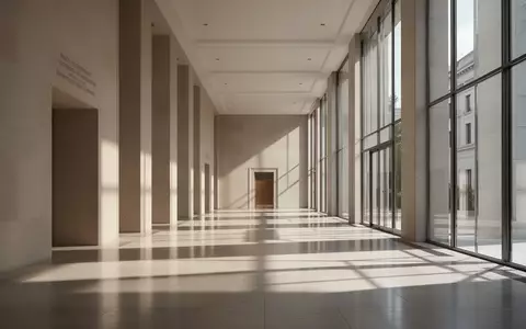 Ein minimalistischer, menschenleerer Flur in einem modernen Regierungsgebäude mit architektonischen Licht- und Schattenwürfen. - Foto: über boerse-global.de