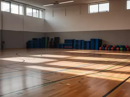 Leere Sporthalle mit hellem Holzboden und markierten Spielfeldern, die auf sportliche Aktivitäten vorbereitet ist. - Foto: über boerse-global.de