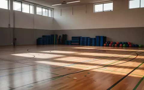 Leere Sporthalle mit hellem Holzboden und markierten Spielfeldern, die auf sportliche Aktivitäten vorbereitet ist. - Foto: über boerse-global.de