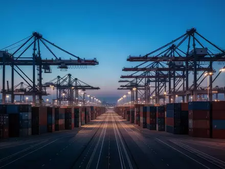 Ein moderner Hafen bei Dämmerung mit Containern und Krananlagen als Symbol für den internationalen Handel. - Foto: über boerse-global.de