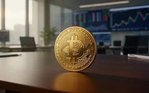 Eine einzelne physische Bitcoin-Münze auf einem dunklen Holztisch in einem modernen Büro. - Foto: über boerse-global.de
