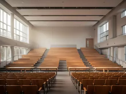 Ein heller, leerer Schulsaal mit moderner Architektur und großen Fensterfronten. - Foto: über boerse-global.de