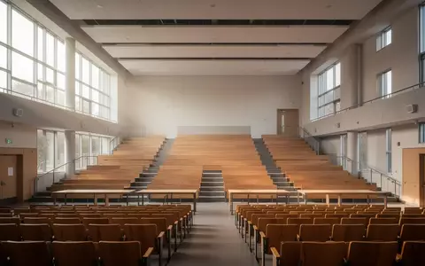 Ein heller, leerer Schulsaal mit moderner Architektur und großen Fensterfronten. - Foto: über boerse-global.de