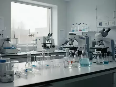 Ein steriler, modern ausgestatteter medizinischer Forschungslaborraum mit Laborgeräten auf einem Arbeitstisch. - Foto: über boerse-global.de