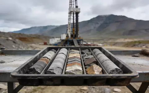 Geologische Bohrkernproben auf einem Arbeitstisch vor einer Bohrplattform in einer Berglandschaft. - Foto: über boerse-global.de