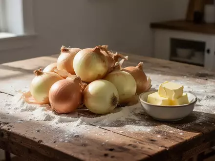 Ein rustikaler Holztisch in einer Küche mit frischen Zwiebeln, einem Schälchen Butter und etwas Mehl im Streulicht. - Foto: über boerse-global.de
