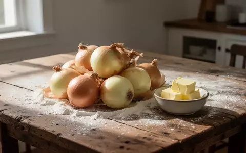 Ein rustikaler Holztisch in einer Küche mit frischen Zwiebeln, einem Schälchen Butter und etwas Mehl im Streulicht. - Foto: über boerse-global.de