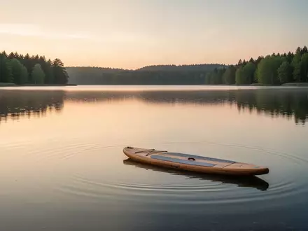 Ein einsames Stand-up-Paddleboard auf einer spiegelglatten Wasserfläche im Fränkischen Seenland bei ruhiger Abendstimmung. - Foto: über boerse-global.de