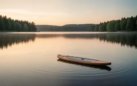 Ein einsames Stand-up-Paddleboard auf einer spiegelglatten Wasserfläche im Fränkischen Seenland bei ruhiger Abendstimmung. - Foto: über boerse-global.de