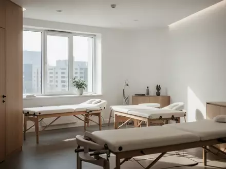 Ein minimalistischer, leerer Behandlungsraum in einer Physiotherapiepraxis mit hellen Holzmöbeln und natürlichem Licht. - Foto: über boerse-global.de