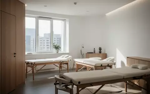 Ein minimalistischer, leerer Behandlungsraum in einer Physiotherapiepraxis mit hellen Holzmöbeln und natürlichem Licht. - Foto: über boerse-global.de