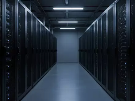 Ein minimalistischer, dunkel beleuchteter Serverraum mit metallischen Geräteracks in einer professionellen IT-Umgebung. - Foto: über boerse-global.de