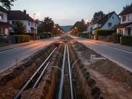 Eine Baustelle für Glasfaserinfrastruktur mit ausgehobenen Gräben in einer ruhigen Straße bei Dämmerung. - Foto: über boerse-global.de