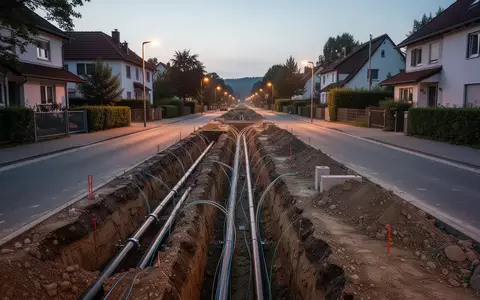 Eine Baustelle für Glasfaserinfrastruktur mit ausgehobenen Gräben in einer ruhigen Straße bei Dämmerung. - Foto: über boerse-global.de