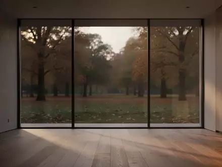 Ein minimalistischer, leerer Raum mit großen Fenstern und Blick auf einen herbstlichen Park bei Dämmerung. - Foto: über boerse-global.de