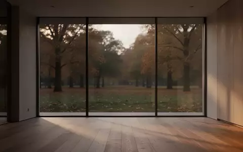 Ein minimalistischer, leerer Raum mit großen Fenstern und Blick auf einen herbstlichen Park bei Dämmerung. - Foto: über boerse-global.de