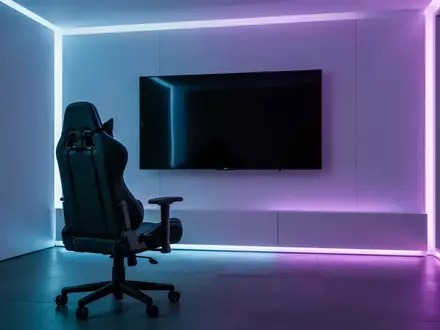 Ein minimalistisch eingerichtetes, modern beleuchtetes Gaming-Zimmer mit einem leeren Bildschirm an der Wand. - Foto: über boerse-global.de