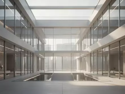 Lichtdurchflutetes, modernes Architekturatrium mit geometrischen Glasstrukturen und minimalistischem Design. - Foto: über boerse-global.de