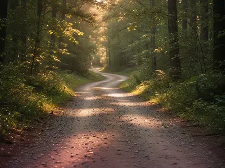Ein einsamer Waldpfad bei goldenem Licht, der sich durch die Natur schlängelt. - Foto: über boerse-global.de