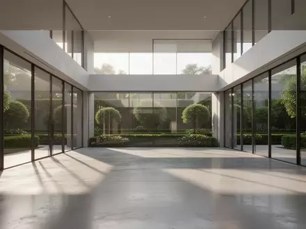 Ein minimalistisches, modernes architektonisches Atrium mit klaren Linien, Glasfronten und natürlichem Lichteinfall. - Foto: über boerse-global.de