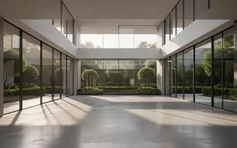 Ein minimalistisches, modernes architektonisches Atrium mit klaren Linien, Glasfronten und natürlichem Lichteinfall. - Foto: über boerse-global.de