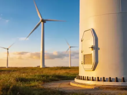 Moderne Windkraftanlagen auf einem Feld bei Sonnenuntergang. - Foto: über boerse-global.de