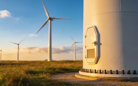 Moderne Windkraftanlagen auf einem Feld bei Sonnenuntergang. - Foto: über boerse-global.de
