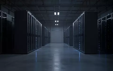 Ein dunkler, moderner Serverraum mit Reihen von massiven Serverschränken in einer sterilen Industriehalle. - Foto: über boerse-global.de