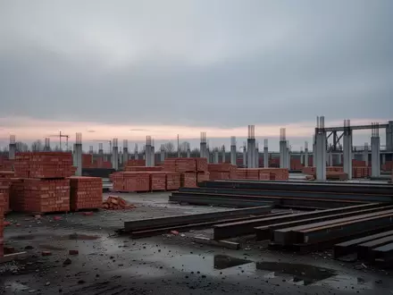 Eine verlassene Baustelle mit gestapelten Baumaterialien unter einem grauen, bewölkten Himmel. - Foto: über boerse-global.de