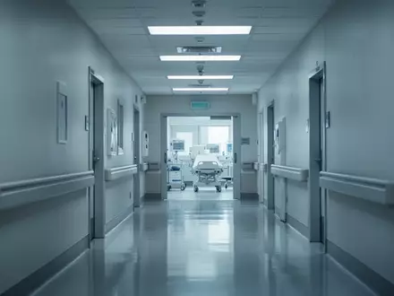 Ein klinisch sauberer, menschenleerer Flur in einer Notaufnahme mit heller, steriler Beleuchtung. - Foto: über boerse-global.de