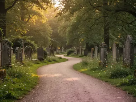 Ein barrierefreier Kiesweg schlängelt sich durch einen ruhigen, grünen Friedhofspark mit altem Baumbestand und Wildblumen. - Foto: über boerse-global.de