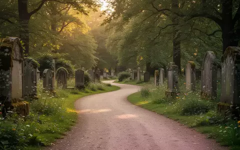 Ein barrierefreier Kiesweg schlängelt sich durch einen ruhigen, grünen Friedhofspark mit altem Baumbestand und Wildblumen. - Foto: über boerse-global.de