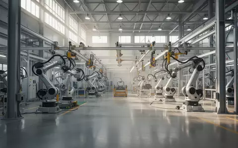 Eine weitläufige, moderne Automobil-Fertigungshalle mit leeren Industrie-Roboterarmen und komplexen Förderanlagen. - Foto: über boerse-global.de