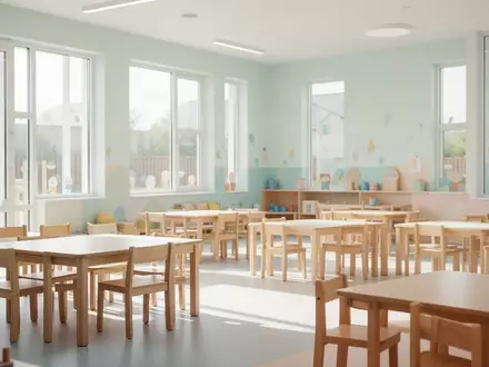 Ein heller, leerer Gruppenraum in einer Kindertagesstätte mit ordentlich aufgestellten Holzmöbeln und einfallendem Tageslicht. - Foto: über boerse-global.de