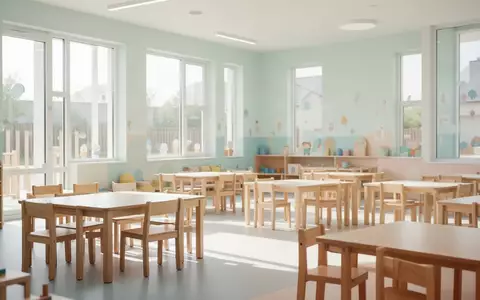 Ein heller, leerer Gruppenraum in einer Kindertagesstätte mit ordentlich aufgestellten Holzmöbeln und einfallendem Tageslicht. - Foto: über boerse-global.de