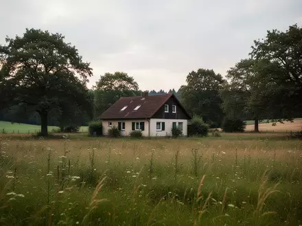 Ein abgelegenes Wohnhaus auf einem weitläufigen Grundstück in einer ländlichen Region unter einem bewölkten Himmel. - Foto: über boerse-global.de