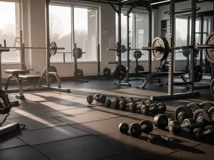 Ein minimalistisches, unbesetztes Fitnessstudio mit professionellen Hanteln und Trainingsgeräten bei natürlichem Licht. - Foto: über boerse-global.de