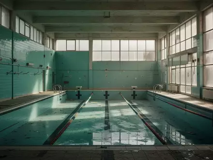 Ein leeres, verlassenes städtisches Schwimmbecken mit türkisfarbenen Fliesen und einfallendem Tageslicht. - Foto: über boerse-global.de