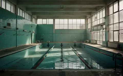 Ein leeres, verlassenes stĂ€dtisches Schwimmbecken mit tĂŒrkisfarbenen Fliesen und einfallendem Tageslicht. - Foto: ĂŒber boerse-global.de