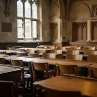 Leerer Hörsaal einer Universität mit Holztischen und Stuhlreihen bei natürlichem Lichteinfall. - Foto: über boerse-global.de