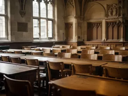 Leerer Hörsaal einer Universität mit Holztischen und Stuhlreihen bei natürlichem Lichteinfall. - Foto: über boerse-global.de
