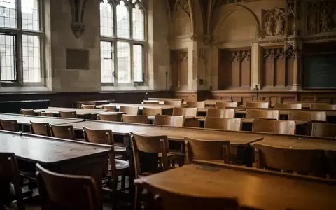 Leerer Hörsaal einer Universität mit Holztischen und Stuhlreihen bei natürlichem Lichteinfall. - Foto: über boerse-global.de