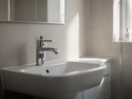 Ein minimalistisches, helles Badezimmer mit weißem Waschbecken und Fliesenwand bei natürlichem Lichteinfall. - Foto: über boerse-global.de