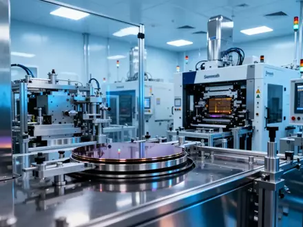 Ein hochmodernes Reinraum-Labor für die Halbleiterfertigung mit komplexen Maschinen und glänzenden Metalloberflächen. - Foto: über boerse-global.de