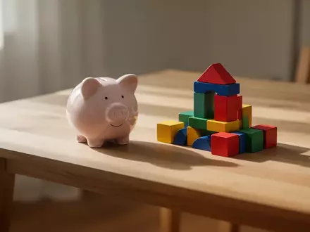 Ein schlichtes Sparschwein aus Keramik neben bunten Holzbausteinen auf einem Holztisch bei Tageslicht. - Foto: über boerse-global.de