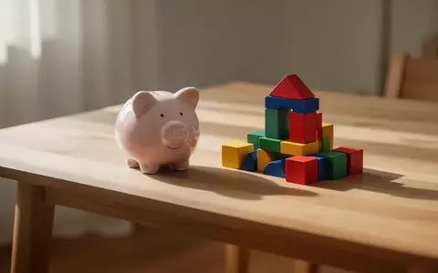 Ein schlichtes Sparschwein aus Keramik neben bunten Holzbausteinen auf einem Holztisch bei Tageslicht. - Foto: über boerse-global.de