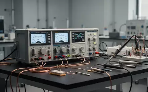 Ein professioneller Arbeitsplatz für Elektrotechnik mit Messgeräten und Schaltkreisen auf einem sauberen Werktisch. - Foto: über boerse-global.de