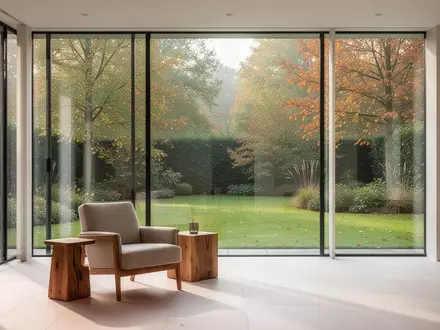 Ein helles, modern eingerichtetes Wohnzimmer mit Blick in einen herbstlichen Garten, das eine Atmosphäre von Ruhe und häuslicher Pflege vermittelt. - Foto: über boerse-global.de