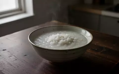 Eine Schale mit einfachem Reisbrei auf einem dunklen Holztisch in einer schlichten Küche bei natürlichem Licht. - Foto: über boerse-global.de